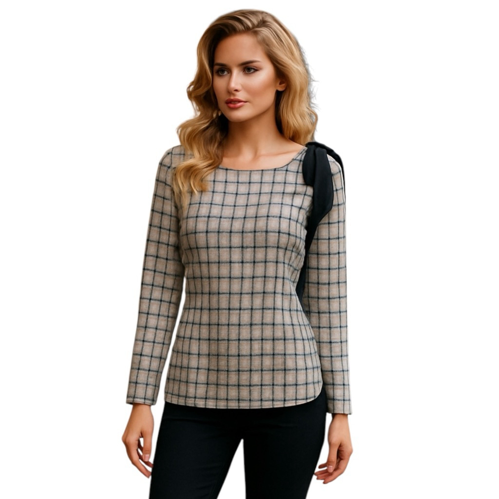 Talbots Jacquard Bow Detail Tee Womens M Gray Black Plaid Long Sleeve Blouse Top